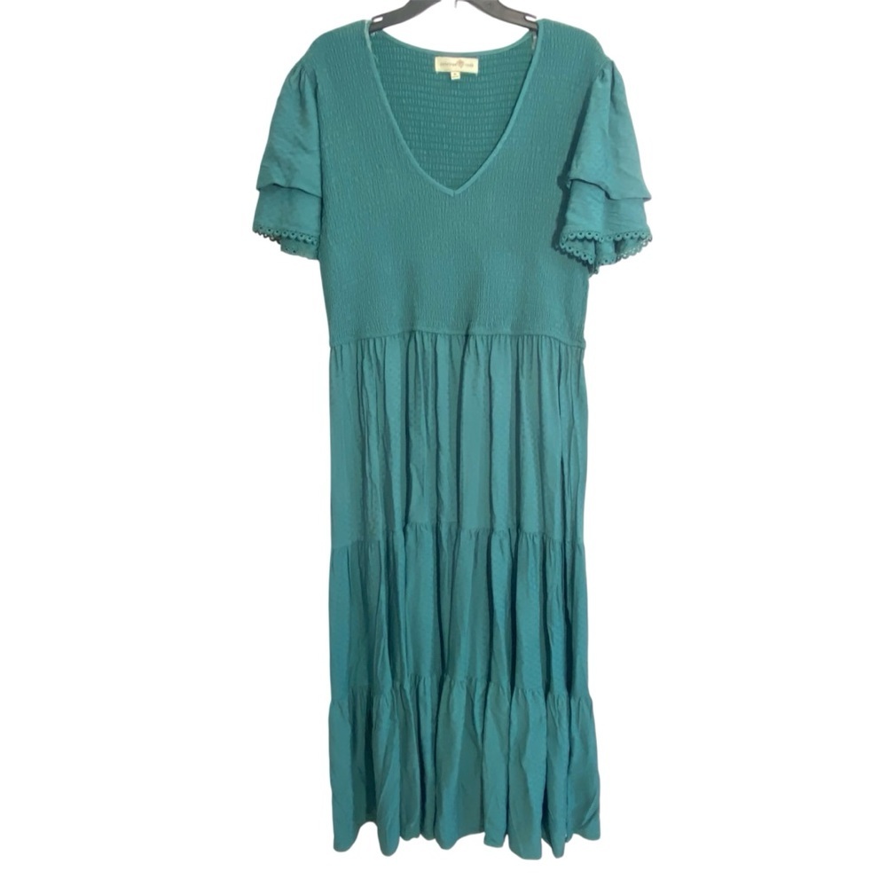 Penelope Rose Tiered Maxi Dress Women's 2X Teal Aqua Smocked Ruffle Sleeve NWT